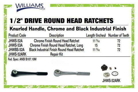 Product sheet showing 1/2" drive round head ratchet options, including Go-To Half Inch Drive Round Head Ratchet With Double Pawl Design And 72 Teeth For A Smooth Five Degree Action Chrome High Polish Finish Knurled Non Slip Grip And A 15 Inch Long Handle, with images of different models and repair kit.