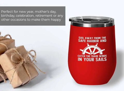 Red Edition 12Oz Wine Tumbler Insulated Stainless Steel For Sailors Ocean Lovers And Nautical Fans with ship wheel design