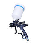 Top Shelf Hvlp Paint Sprayer Gun Featuring 1.3 Mm Nozzle And 600 Ml Reusable Cup For Auto Furniture And Woodworking. Side view of paint sprayer with cup.