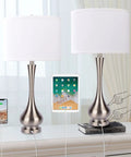 Pair Of Lit Touch Table Lamps For Bedroom And Living Room, Silver Metal Base With Fabric Shade, USB Port, 30 Inch Tall Nightstand End Table Lamps, Set Of 2, Modern Home Decor
