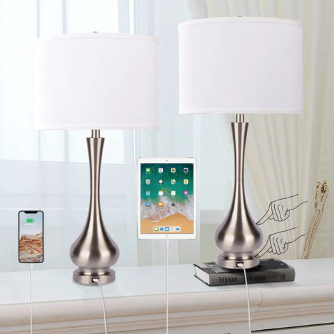 Pair Of Lit Touch Table Lamps For Bedroom And Living Room, Silver Metal Base With Fabric Shade, USB Port, 30 Inch Tall Nightstand End Table Lamps, Set Of 2, Modern Home Decor