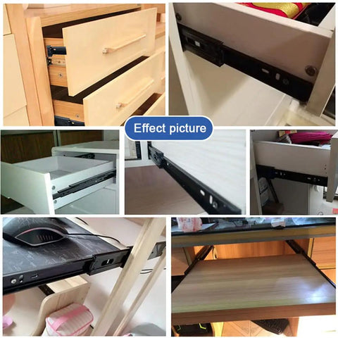 Collage of 10-inch side-mount 3-section full-extension silent drawer slides in various cabinet installations.