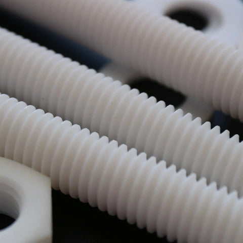 Top Shelf Natural PTFE Hex Head Bolts M10 X 100mm Screw Set with nuts and washers, showing detailed white threads.