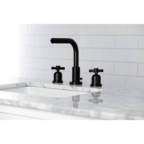 8 Inch Widespread Bathroom Faucet With Dope Matte Black Finish And Pop Up Drain Built To Last Solid Brass Construction Deck Mount Three Hole Setup 1.2 Gpm Flow Includes Matching Drain on marble countertop