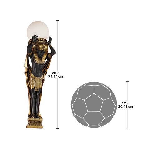 Bold Egyptian Telamon Sconce Light in black and gold with glass orb shade, 28-inch height, featuring regal neoclassical design.