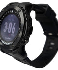 Side view of Graviton Color Dive Watch Computer with full color MIP display, black casing, and adjustable strap