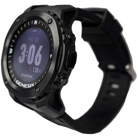Side view of Graviton Color Dive Watch Computer with full color MIP display, black casing, and adjustable strap