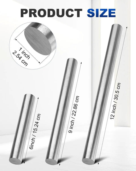 Three cold rolled 1018 steel bars in sizes 6, 9, and 12 inches, 1 inch diameter, shown. Highlight on 9-inch bar for Two Pack 9 Inch By 1 Inch Cold Rolled 1018 Steel Bars For Metalworking, Shafts, Gears, Lathes, DIY Projects, Pro Grade, Unpolished Finish, Tight Tolerances, Heavy Duty Round Rods.