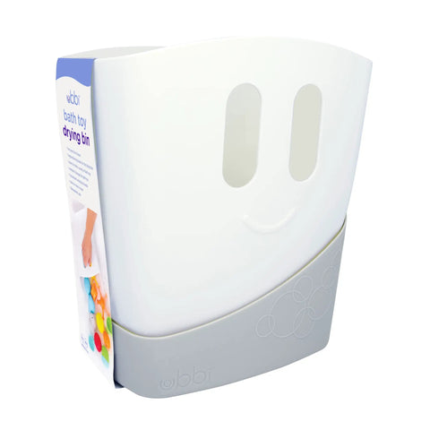 Freestanding Bath Toy Drying Bin With Quick Drain Base, Real No Mess Game Changer For Keeping Kids Toys Snappy And Mold Free, White and Gray plastic caddy with smooth design.