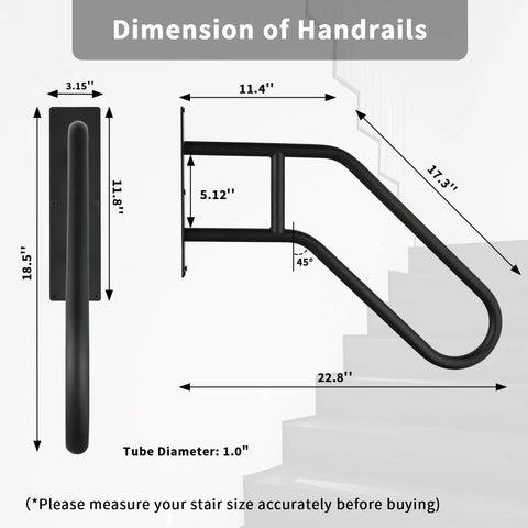 Dimension of Heavy Duty Wrought Iron Handrails For Outdoor Steps And Indoor Stairs Built Like A Tank With Rustproof Frosted Black Finish
