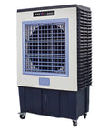 Beat The Heat Portable Swamp Cooler With Deep Water Tank delivering cool air, on wheels for mobility, with blue and white design.