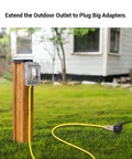 Beefy 15 Ft 12/3 Extension Cord With LED Lighted End for indoor outdoor use, connecting to outdoor outlet post in lawn scene.