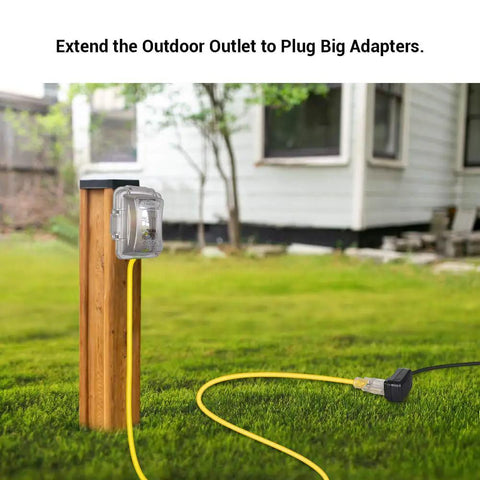 Heavy Duty 25 Foot 12 Gauge 3 Conductor Contractor Extension Cord With Locking Plug For Indoor Outdoor Use Yard Work Ready SJTW 15 Amp 125V 1875W Yellow Jacket LED Lighted Plug ETL Listed Thick 600V Insulation Anti Shed Power Cable connected to outdoor outlet on lawn