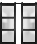 Knockout Double Barn Doors Featuring Frosted Glass Panels And A Slick Matte Black Finish showing smooth gliding mechanism and hardware.