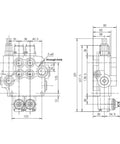 Technical drawing of 2 Spool Hydraulic Reversing Valve With Joystick Control For Hydraulic Systems, Stainless Steel Build, 5 ports.