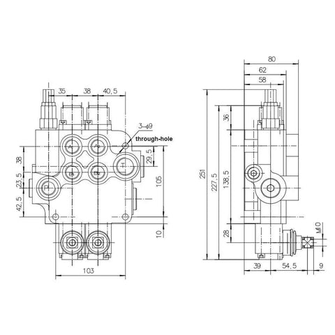 Technical drawing of 2 Spool Hydraulic Reversing Valve With Joystick Control For Hydraulic Systems, Stainless Steel Build, 5 ports.