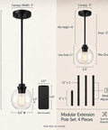 Dimensions and assembly details of Straight Up Matte Black Globe Pendant Lights 2 Pack with clear glass shade for kitchen island.