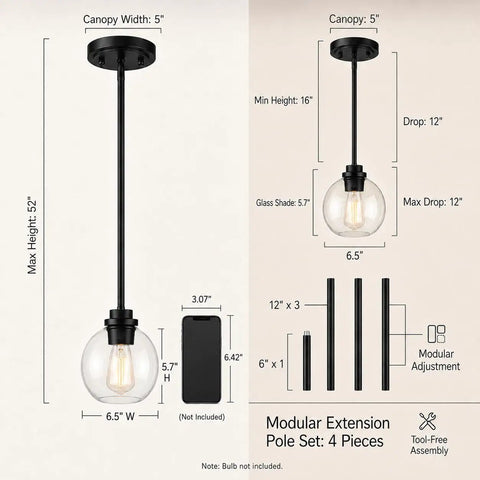 Dimensions and assembly details of Straight Up Matte Black Globe Pendant Lights 2 Pack with clear glass shade for kitchen island.