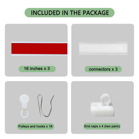 Self Adhesive Curtain Track Kit No Drill Wall Mount Easy To Install Curtain Rails With Adhesive Rod For Damage Free Hanging 4 Feet 48 Inches White Finish Ideal For Quick No Drill Window Treatments. Included parts: 16-inch tracks, connectors, pulleys, hooks, and end caps