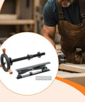 Heavy Duty Badass Bench Screw Vise With Quick Inertia Crank Wheel showing steel drive shaft and clamping base for woodworking.