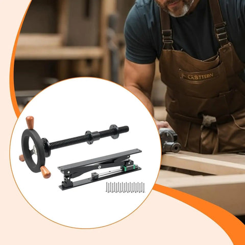 Heavy Duty Badass Bench Screw Vise With Quick Inertia Crank Wheel showing steel drive shaft and clamping base for woodworking.