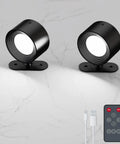 Fuligent 2 Pack LED Wall Sconces, Battery Operated Wall Lights for Bedroom Bedside, Cordless Sconces with Remote & Touch Control, 360° Magnetic Rotation & Rechargeable, 3 Color Modes Dimmable (Black) on marble surface.