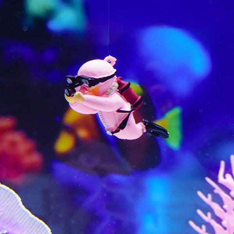 Two Pack Floating Diver Aquarium Decor Set With Adjustable Line, Cute pink diver toy in tank adding playful motion
