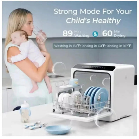 Totally Game Changing Compact Dishwasher With Built In Water Tank Featuring One Touch Start And Quick Wash Cycles To Deliver No Sweat Cleaning For Tiny Kitchens And Hectic Apartment Life Today, displaying dishes and baby items.