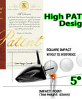 Patent for Premium Adjustable Golf Tee Set showing 5-degree impact angle with high path design and driver for long drives.