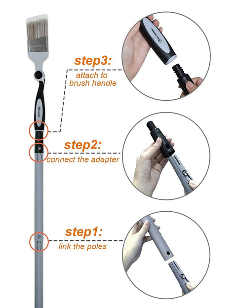 Step-by-step assembly of extendable pole with angled brush for 10 Piece Paint Roller Kit With 9 Inch Rollers Tray Extendable Poles Angled Brush Extra Roller Covers Can Opener Stir Bar For Weekend Warriors Tackling Easy Walls And Ceilings Painting.