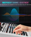 Hand adjusting knobs on 12 Channel DJ Mixer with Large LCD Color Screen Isolated Independent Mute Built In 7 Band EQ And 99 Reverb
