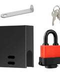 Black water spigot lock set with adjustable design including padlock, mounting bracket, and keys, universal fit for all standard hose bibs.