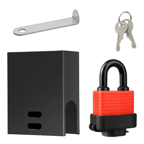 Black water spigot lock set with adjustable design including padlock, mounting bracket, and keys, universal fit for all standard hose bibs.