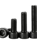 Premium Grade 14.9 Alloy Steel Hex Socket Head Cap Screws M1.4 X 6mm Black Oxide Coating 30 Pack displayed in various lengths.