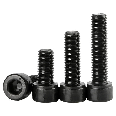 Premium Grade 14.9 Alloy Steel Hex Socket Head Cap Screws M1.4 X 6mm Black Oxide Coating 30 Pack displayed in various lengths.