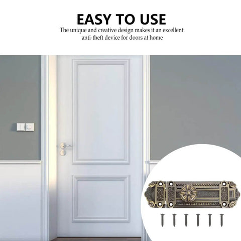 Old School 6 Inch Decorative Door Latch With Screws, shown in an installed setting beside a white door, antique zinc alloy finish.