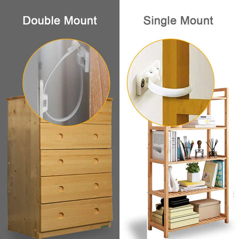 Heavy Duty Anti Tip Furniture Wall Straps Kit With Screws 6 Pack shown on dresser and bookshelf for child safety.
