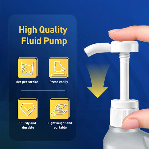 Heavy Duty Fluid Transfer Pump For 28 MM Quart Bottles With Flex Hose And Dual Tubes showing easy press design and durable materials.