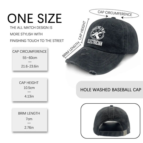 Trust Me I Am An Electrician Hat With Laser Engraved Design, adjustable trucker cap showing size dimensions and mesh back.