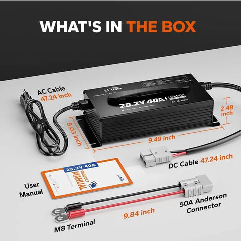 Beefed-Up 24V LiFePO4 Battery Charger, 40A Smart AC-DC Fast Charger with Anderson Connector, components unpacked