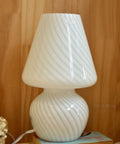 Tall Mushroom Glass Table Lamp With Romantic 12 Inch Vintage Swirl Mid Century Design, placed on wooden surface