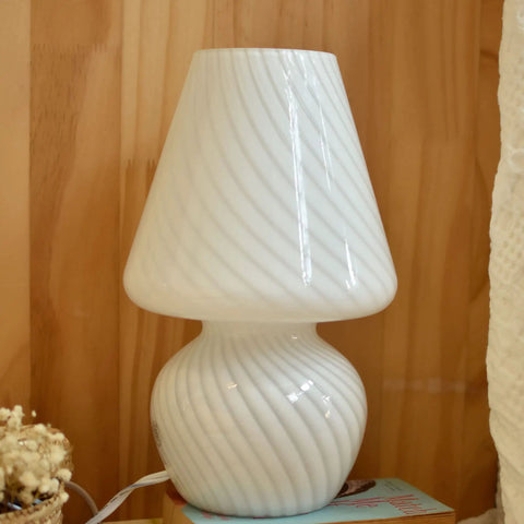 Tall Mushroom Glass Table Lamp With Romantic 12 Inch Vintage Swirl Mid Century Design, placed on wooden surface