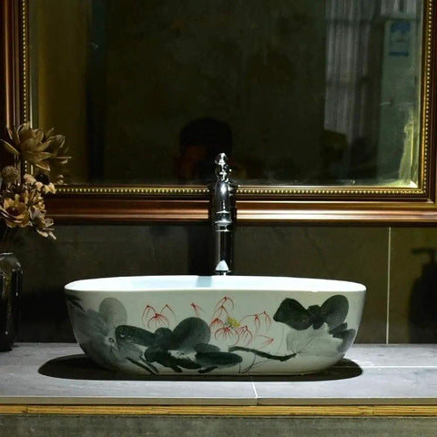 Rectangular Ceramic Vessel Sink For Bathroom Vanity Featuring A Super Sleek High Gloss Glaze That Stays Hella Tough And Keeps Your Space Looking Fresh All Year Round with floral design