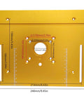 Heavy Duty Aluminum Router Table Insert Plate With Easy Mount Slide Brackets And Bullseye Miter Gauge Fence dimensions marked on golden plate.