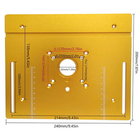 Heavy Duty Aluminum Router Table Insert Plate With Easy Mount Slide Brackets And Bullseye Miter Gauge Fence dimensions marked on golden plate.