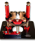 Premium Router Lift With Dead Smooth Height Adjustment And Tough As Nails Top Plate, featuring red metal frame and black base.