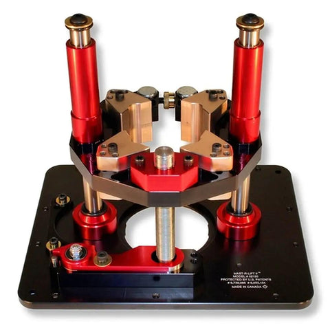Premium Router Lift With Dead Smooth Height Adjustment And Tough As Nails Top Plate, featuring red metal frame and black base.