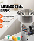 Heavy Duty 30L Filling Machine Hopper, 10 Gallon Stainless Steel 304 Food Grade in kitchen setting next to colorful liquids