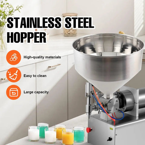 Heavy Duty 30L Filling Machine Hopper, 10 Gallon Stainless Steel 304 Food Grade in kitchen setting next to colorful liquids