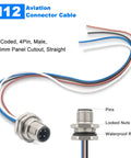 M12 4 Pin A Code Male Connector Cable 0.7 Ft Panel Mount Extension Cable Outdoor IP67 Waterproof Bulkhead Connector for Industrial Sensors